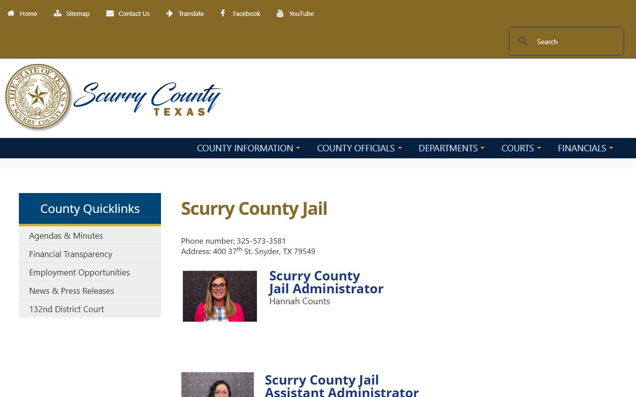 Scurry County Jail inmate custody page with jail contact and visitation rules