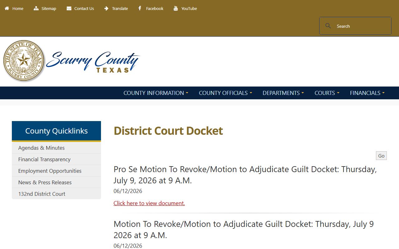 Scurry County court records after arrest district court docket page