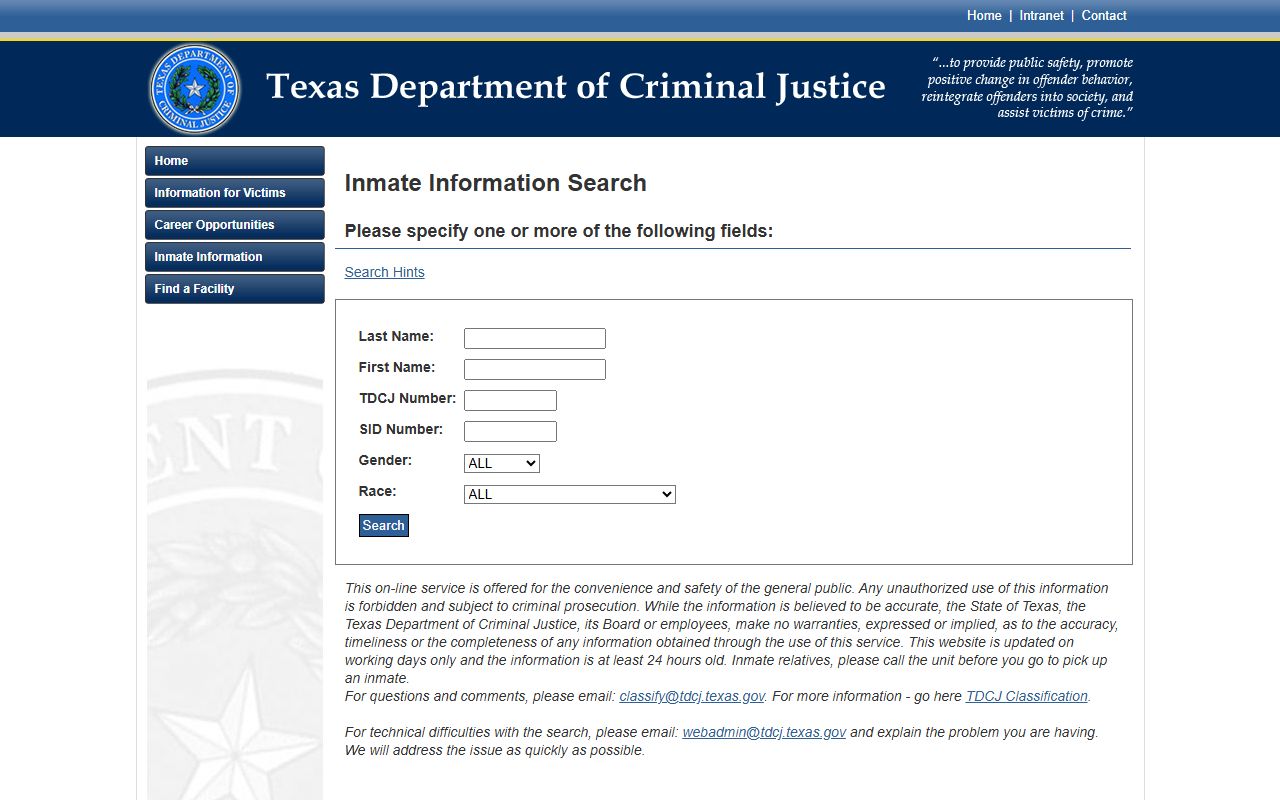 Scurry County inmate search TDCJ statewide locator fields