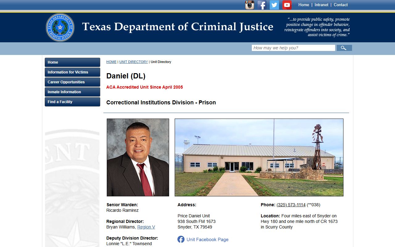 Price Daniel Unit inmate lookup page from TDCJ with unit information